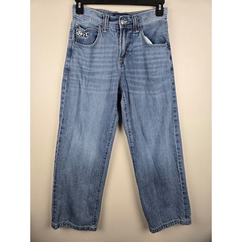 Aeropostale Super Baggy Jeans Mens 28x32 Medium Wash Blue Dice EmbroideredSkater